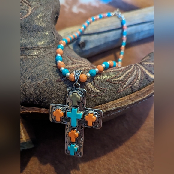 New Handcrafted Original Design Multi Colored Beaded Necklace With Cross Pendant - Picture 5 of 5
